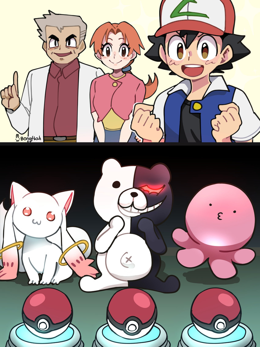 delia ketchum, professor oak, ash ketchum, nnu-anu-kf, monokuma, and etc (puella magi madoka magica and etc) created by bongftah