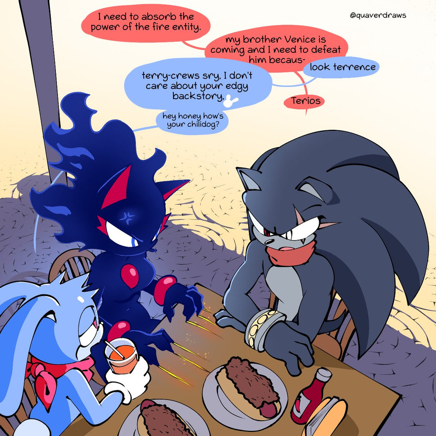 cinder the fire entity, fan character, proto blaze, rush the rabbit, and terios the hedgehog (sonic the hedgehog (series) and etc) created by quavernsfw