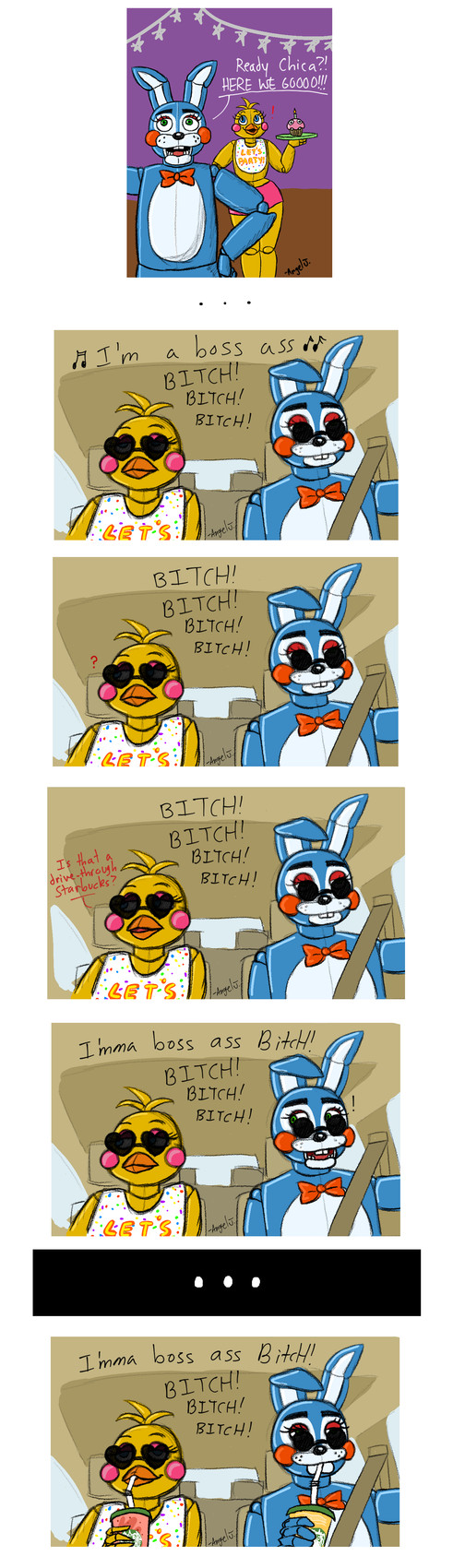 cupcake, toy bonnie, and toy chica (pretty and taking all fades (band) and etc) created by mistressofthevoid