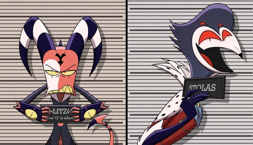 blitzo and stolas (barbie and ken mugshot meme and etc) created by thejayster99